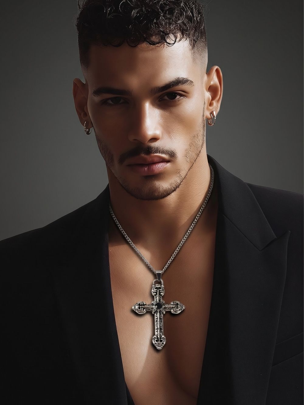 Sacina Gothic Cross Necklace Black Rhinestone Stainless Steel Pendant Y2K Punk